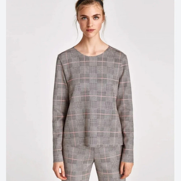 Zara Women's Long Sleeve Glenn Plaid Micro Houndstooth Knit Blouse Size Medium - Picture 2 of 12
